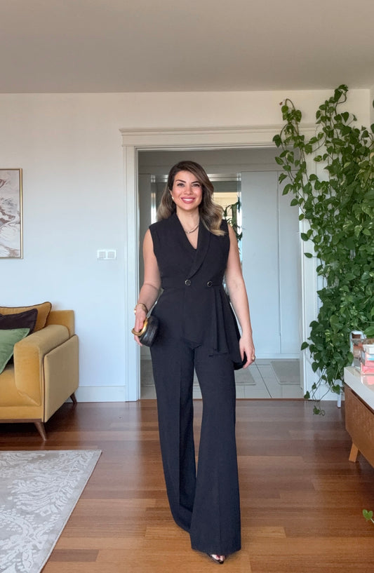 ASİMETRİK KESİM PREMİUM KOLSUZ TAKIMI - SİYAH