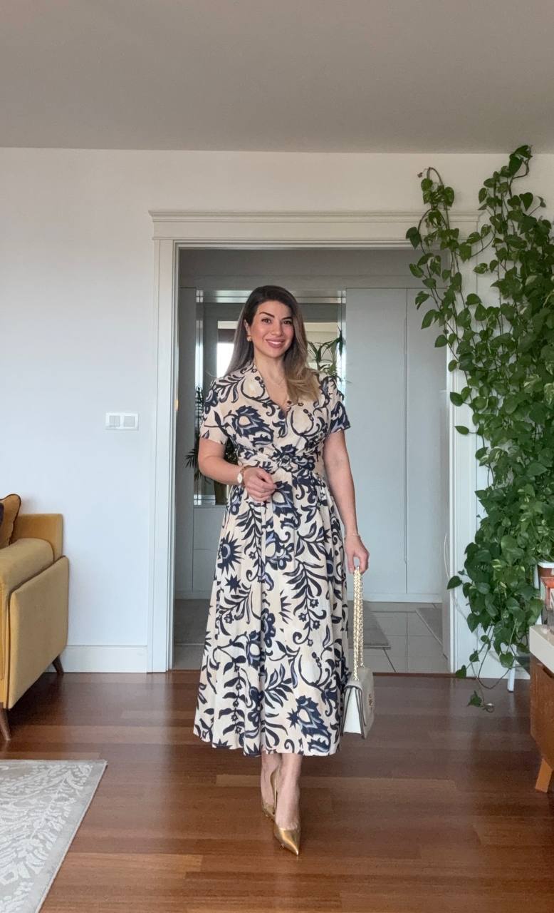 BELDEN BAĞLAMALI V YAKA ETNİK DESENLİ KLOŞ ELBİSE - KREM