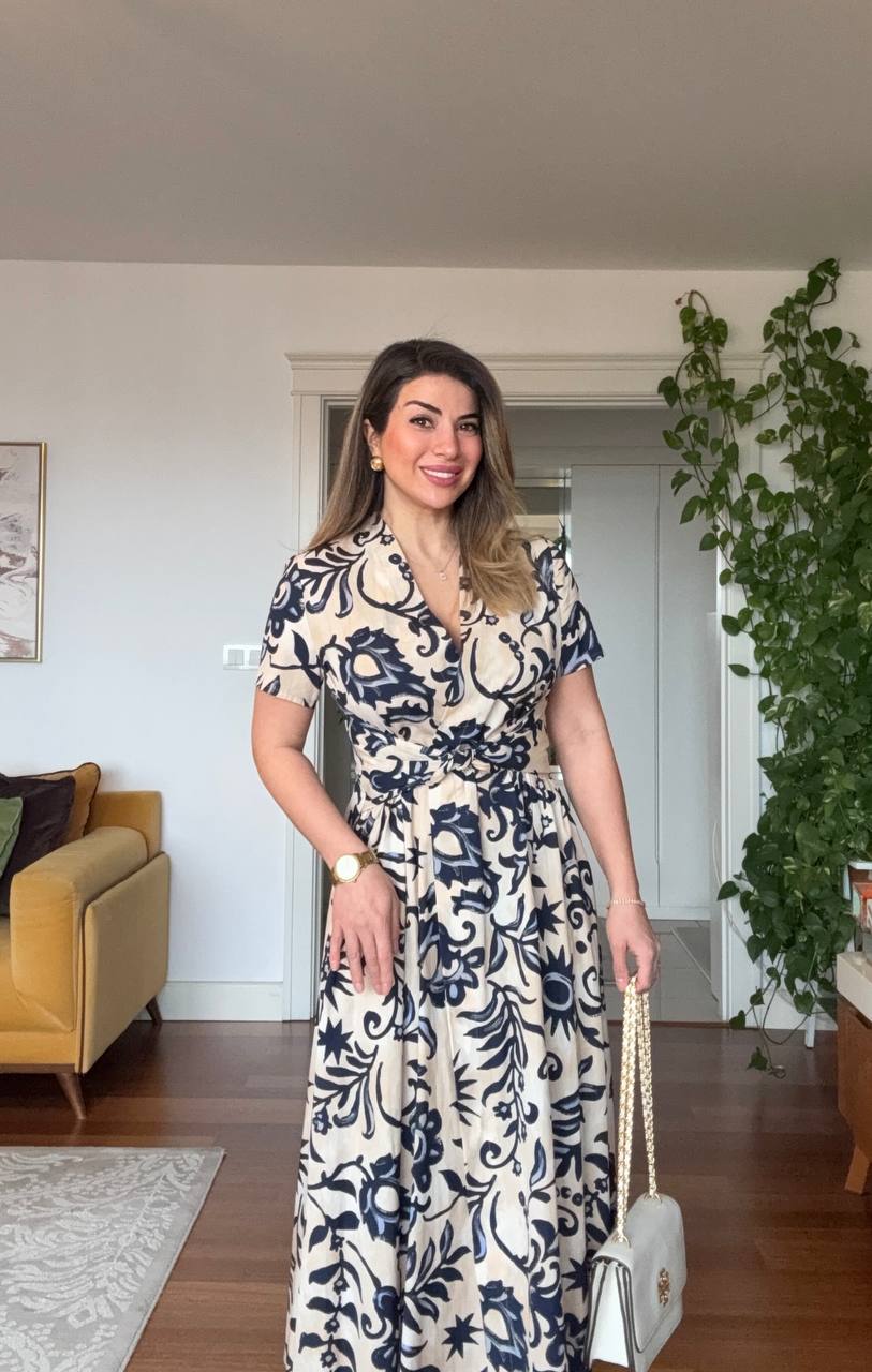 BELDEN BAĞLAMALI V YAKA ETNİK DESENLİ KLOŞ ELBİSE - KREM