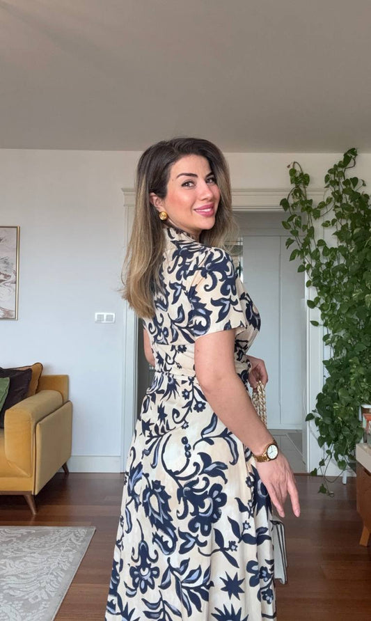 BELDEN BAĞLAMALI V YAKA ETNİK DESENLİ KLOŞ ELBİSE - KREM