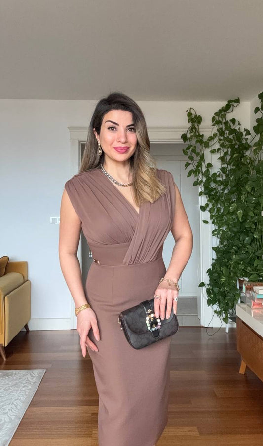 ZARİF V YAKA MIDI ELBİSE - KAHVE