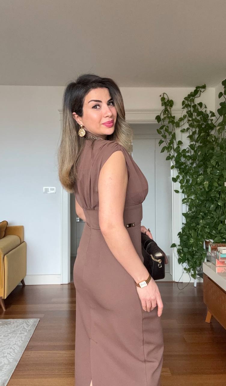ZARİF V YAKA MIDI ELBİSE - KAHVE