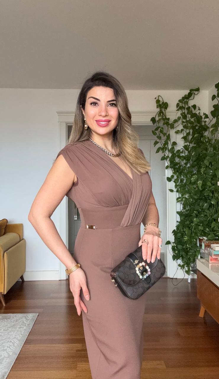 ZARİF V YAKA MIDI ELBİSE - KAHVE