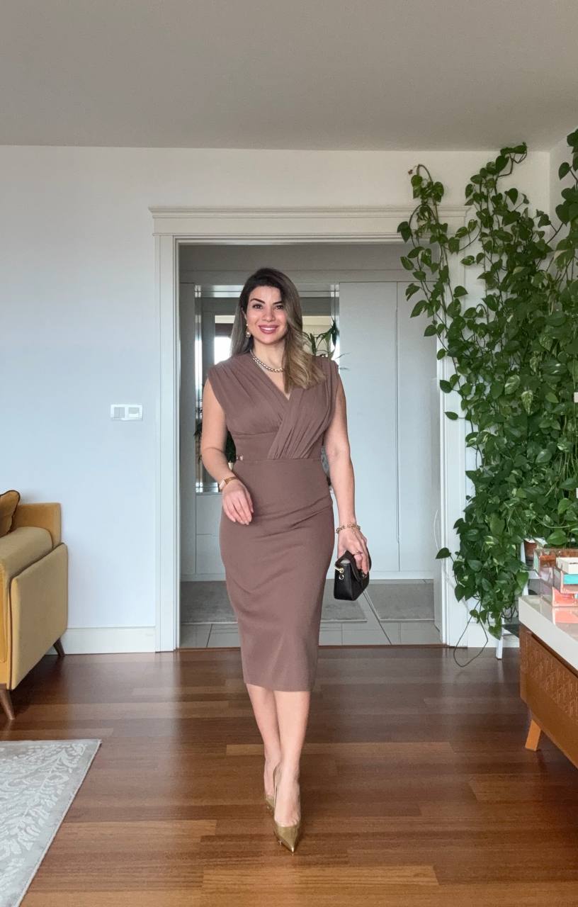 ZARİF V YAKA MIDI ELBİSE - KAHVE
