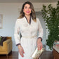 KONTRAST GARNİLİ KEMERLİ MİDİ ELBİSE - KREM