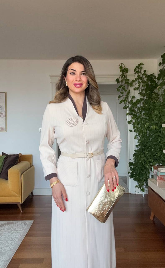 KONTRAST GARNİLİ KEMERLİ MİDİ ELBİSE - KREM