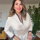 KONTRAST GARNİLİ KEMERLİ MİDİ ELBİSE - KREM