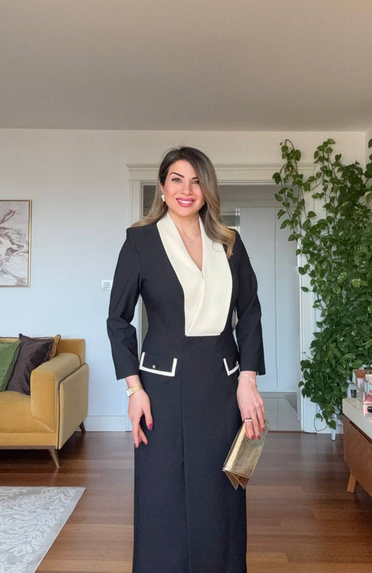 BEYAZ ŞAL YAKA DETAYLI MİDİ BOY CEKET ELBİSE - SİYAH