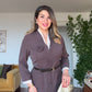 KONTRAST GARNİLİ KEMERLİ MİDİ ELBİSE - KAHVE