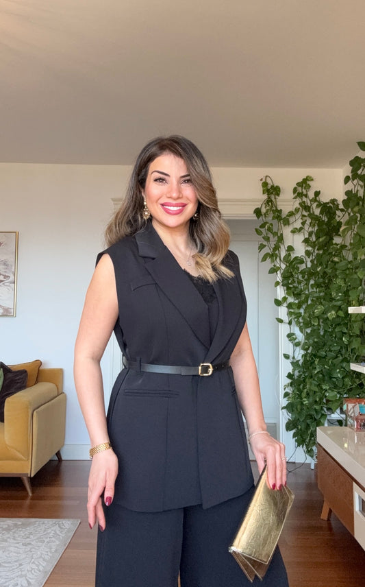 DANTEL DETAYLI VE KEMERLİ SİYAH ÜÇLÜ TAKIM - SİYAH