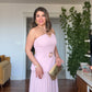 KEMER DETAYLI PİLİSELİ UZUN ABİYE ELBİSE - PUDRA