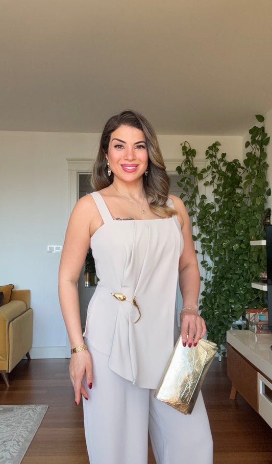 ZARİF BROŞ DETAYLI GENİŞ PAÇA TULUM - BEJ