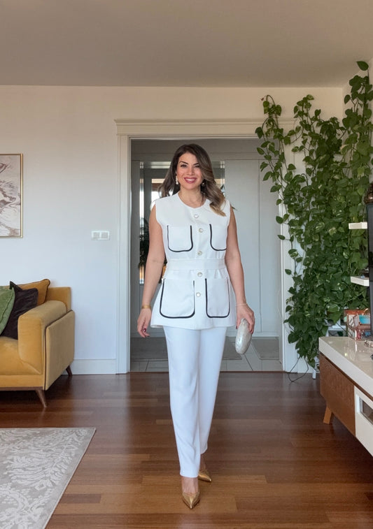 KONTRAST BİYE DETAYLI BELDEN BAĞLAMALI KOLSUZ CEKET TAKIM - BEYAZ