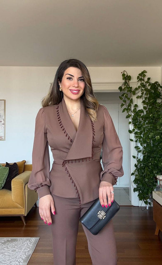 KOLU TÜL DETAYLI TAŞLI TAKIM - KAHVE