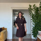 PRADA ÜÇGEN LOGO KESİK YAKA KEMER DETAYLI MIDI ELBİSE - KAHVERENGİ