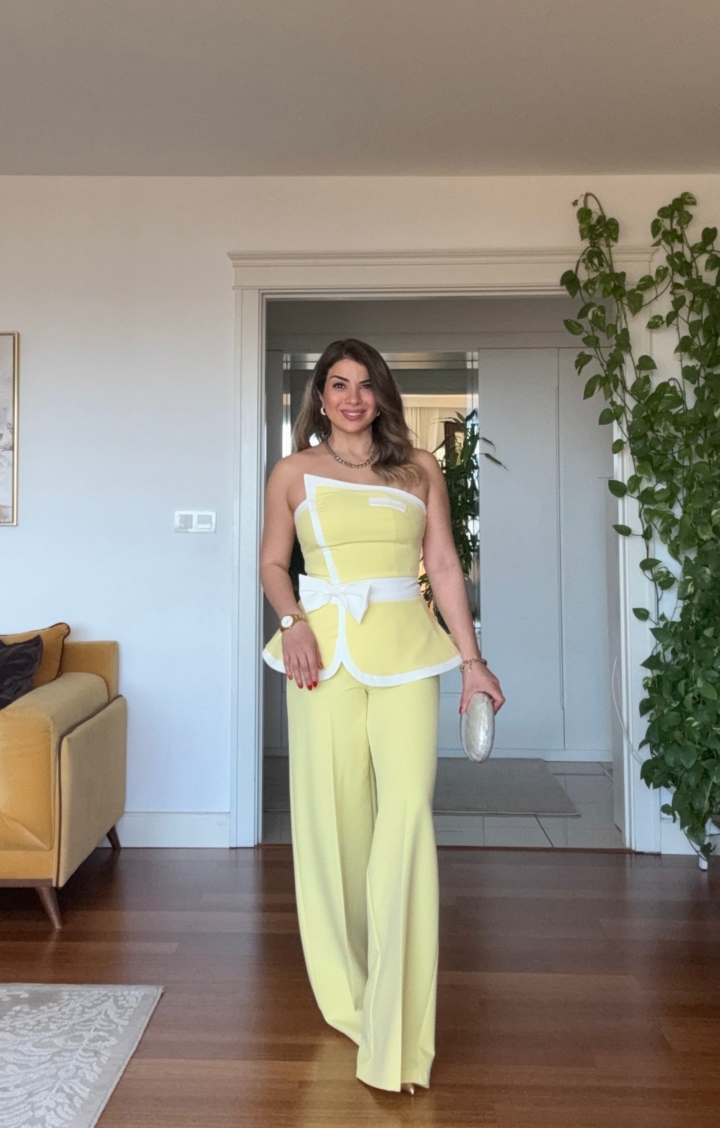 PEPLUM  DETAYLI STRAPLEZ TAKIM - LİMON SARISI