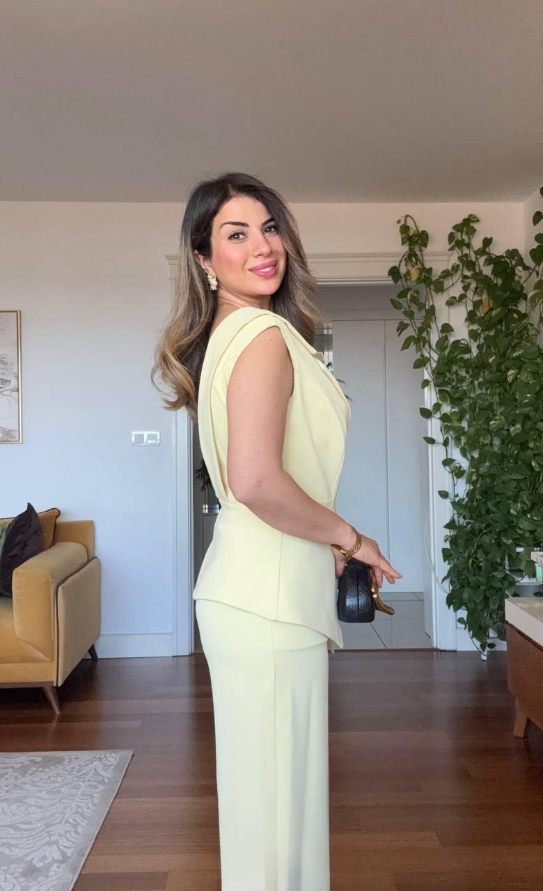 TEK OMUZ ASİMETRİK CEKET YAKALI TAKIM - SARI
