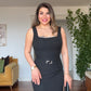 ZARİF KARE YAKA TAŞ DETAYLI ABİYE ELBİSE - SİYAH