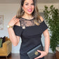 DANTEL DETAYLI MADONNA YAKA MİDİ ELBİSE- SİYAH
