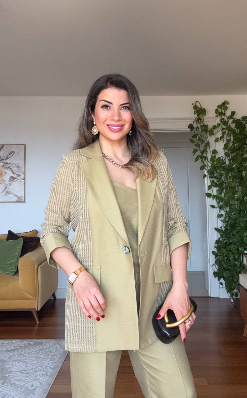 KETEN DOKULU DETAYLI BLAZER TAKIM - AÇIK YEŞİL