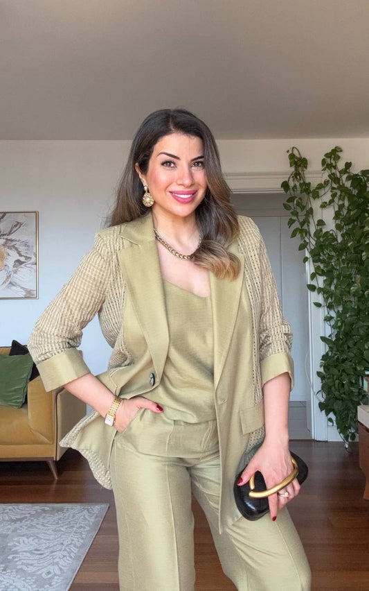 KETEN DOKULU DETAYLI BLAZER TAKIM - AÇIK YEŞİL