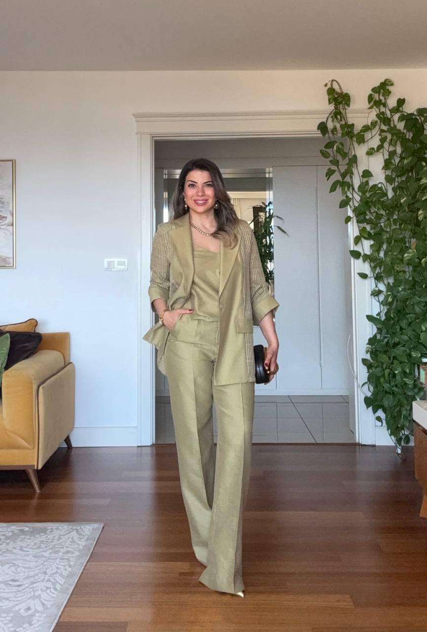 KETEN DOKULU DETAYLI BLAZER TAKIM - AÇIK YEŞİL