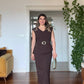 BÜYÜK TOKALI KEMER DETAYLI PEPLUM ELBİSE - KAHVE