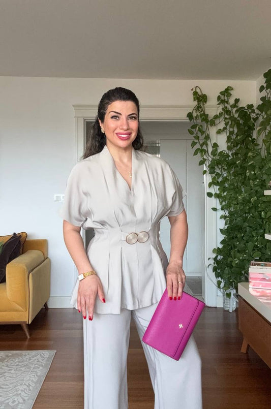 KRUVAZE YAKA KEMER DETAYLI BOL PAÇA TAKIM - TAŞ