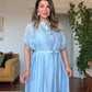 HASIR KEMERLİ GÖMLEK YAKA ASTARLI MİDİ ELBİSE - BEBE MAVİSİ