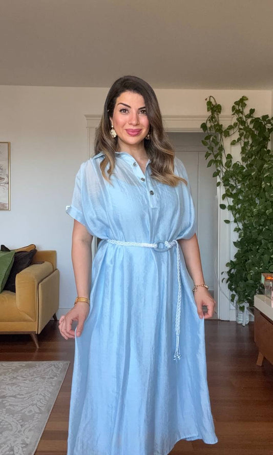 HASIR KEMERLİ GÖMLEK YAKA ASTARLI MİDİ ELBİSE - BEBE MAVİSİ