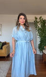 HASIR KEMERLİ GÖMLEK YAKA ASTARLI MİDİ ELBİSE - BEBE MAVİSİ