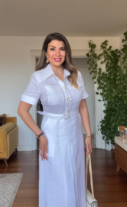 PRENSES MODEL PARLAK GÖMLEK ELBİSE -BEYAZ