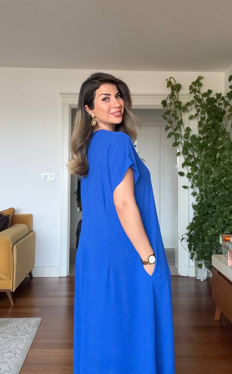 V YAKA OVERSİZE MAXİ ELBİSE - SAKS