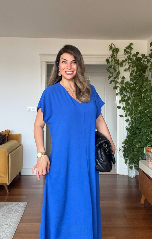 V YAKA OVERSİZE MAXİ ELBİSE - SAKS