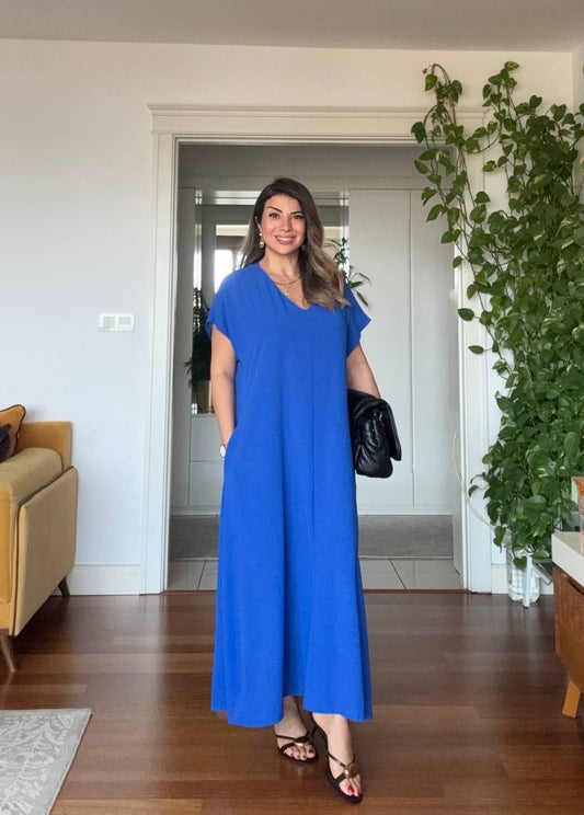 V YAKA OVERSİZE MAXİ ELBİSE - SAKS