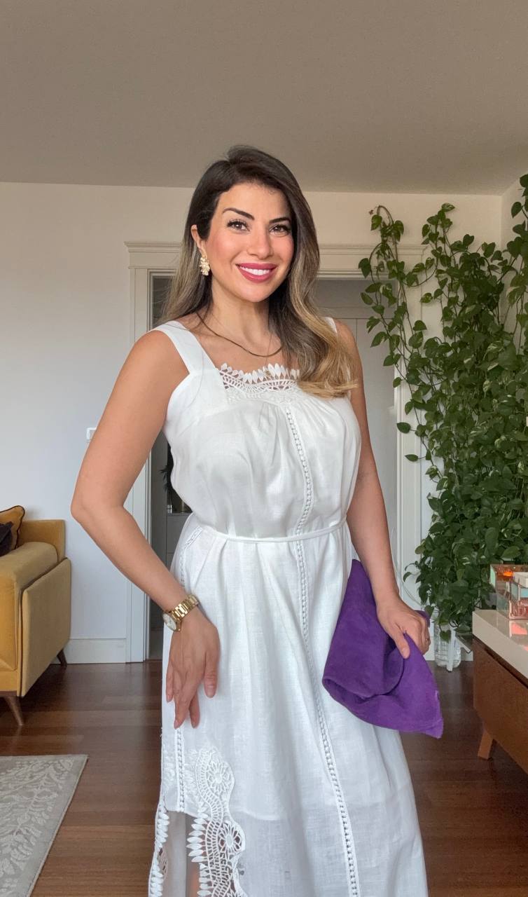 DANTEL DETAYLI MIDI ELBISE - BEYAZ
