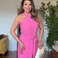 HALTER YAKA KUŞAKLI GENİŞ PAÇA TULUM - PEMBE
