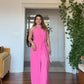 HALTER YAKA KUŞAKLI GENİŞ PAÇA TULUM - PEMBE