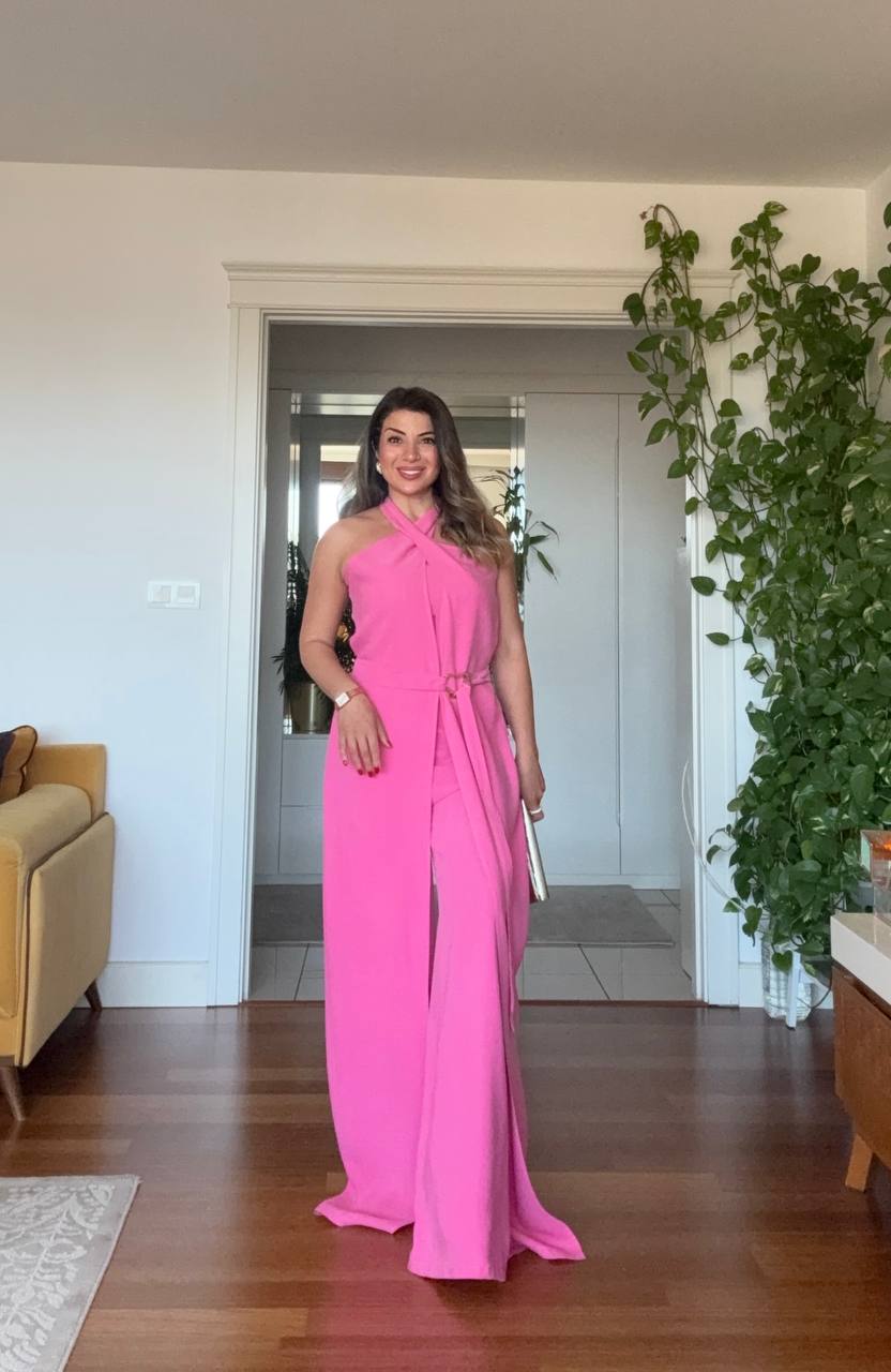 HALTER YAKA KUŞAKLI GENİŞ PAÇA TULUM - PEMBE