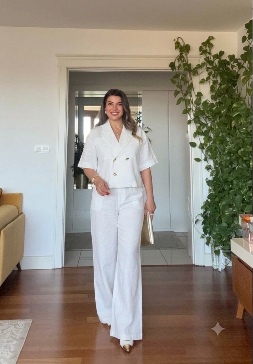 KISA KOLLU CEKET VE PALAZZO PANTOLON TAKIM - WHİTE