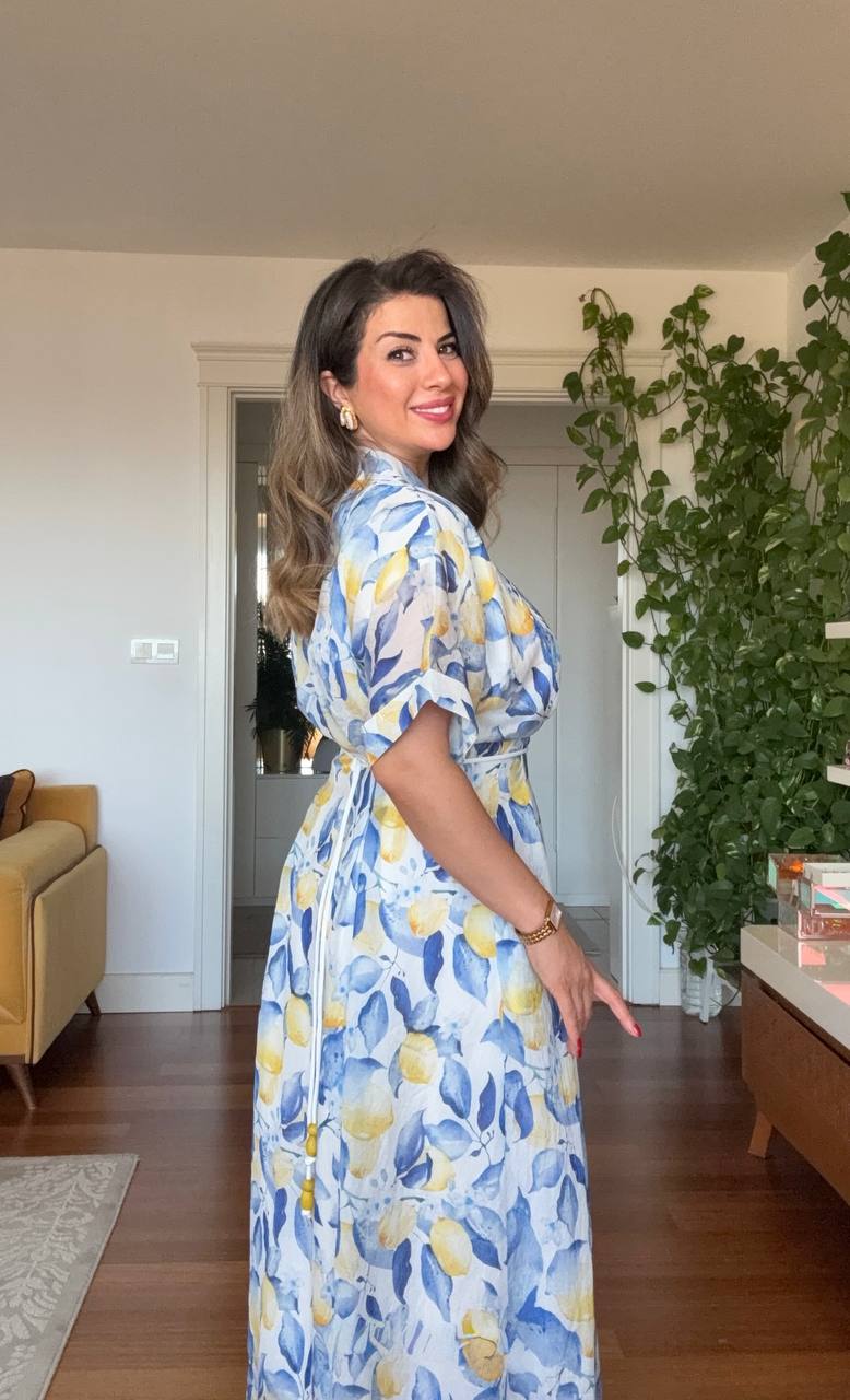 LIMON BASKILI GÖMLEK YAKA MAKSİ ELBİSE - MAVİ