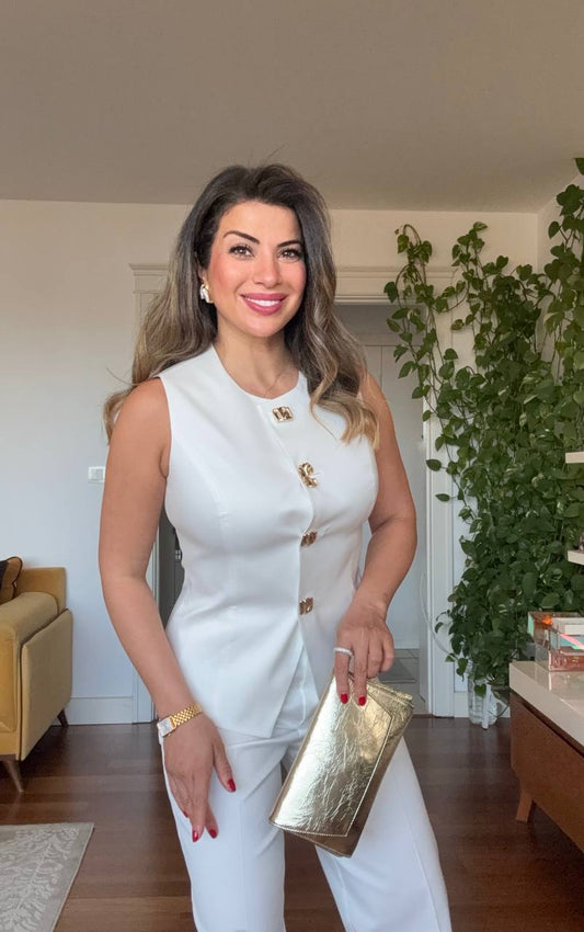 KOLSUZ DÜĞMELI BLAZER VE BOL PAÇA PANTOLON TAKIM - BEYAZ