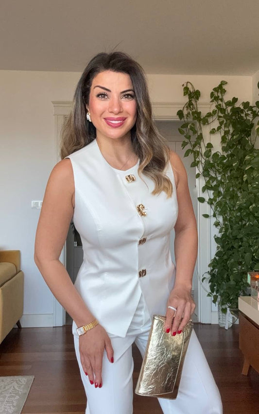 KOLSUZ DÜĞMELI BLAZER VE BOL PAÇA PANTOLON TAKIM - BEYAZ
