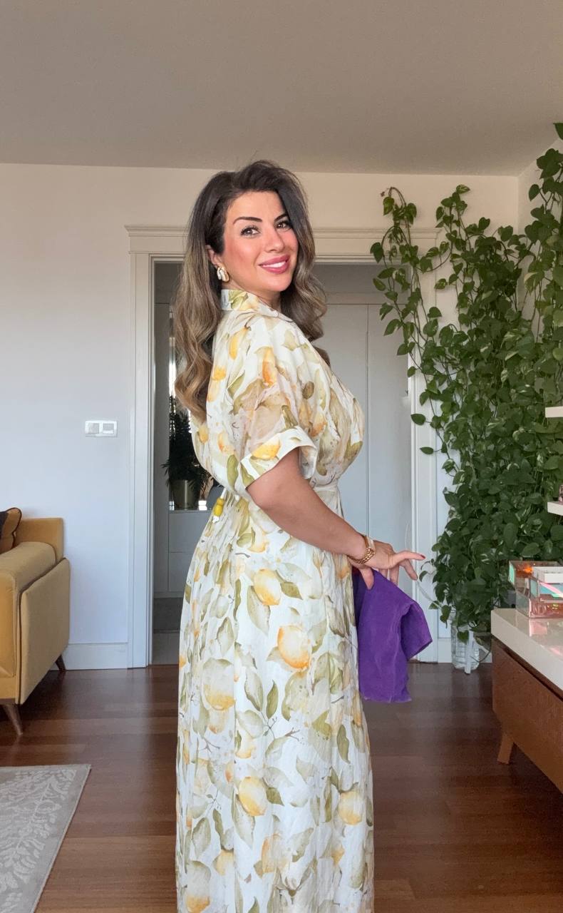 LIMON BASKILI GÖMLEK YAKA MAKSİ ELBİSE - SARI