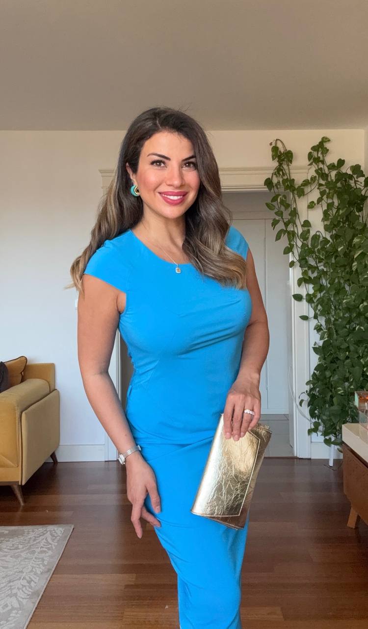 KISA KOL BODYCON MIDI ELBISE - TURKUAZ