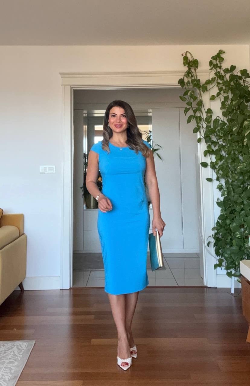 KISA KOL BODYCON MIDI ELBISE - TURKUAZ