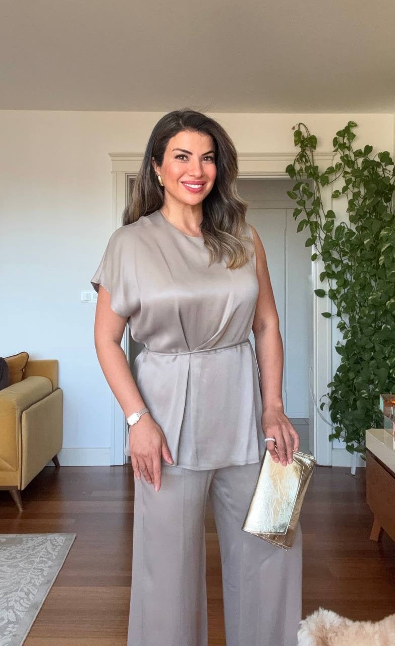 SATEN KUŞAKLI BLUZ & PALAZZO PANTOLON TAKIM - TAŞ