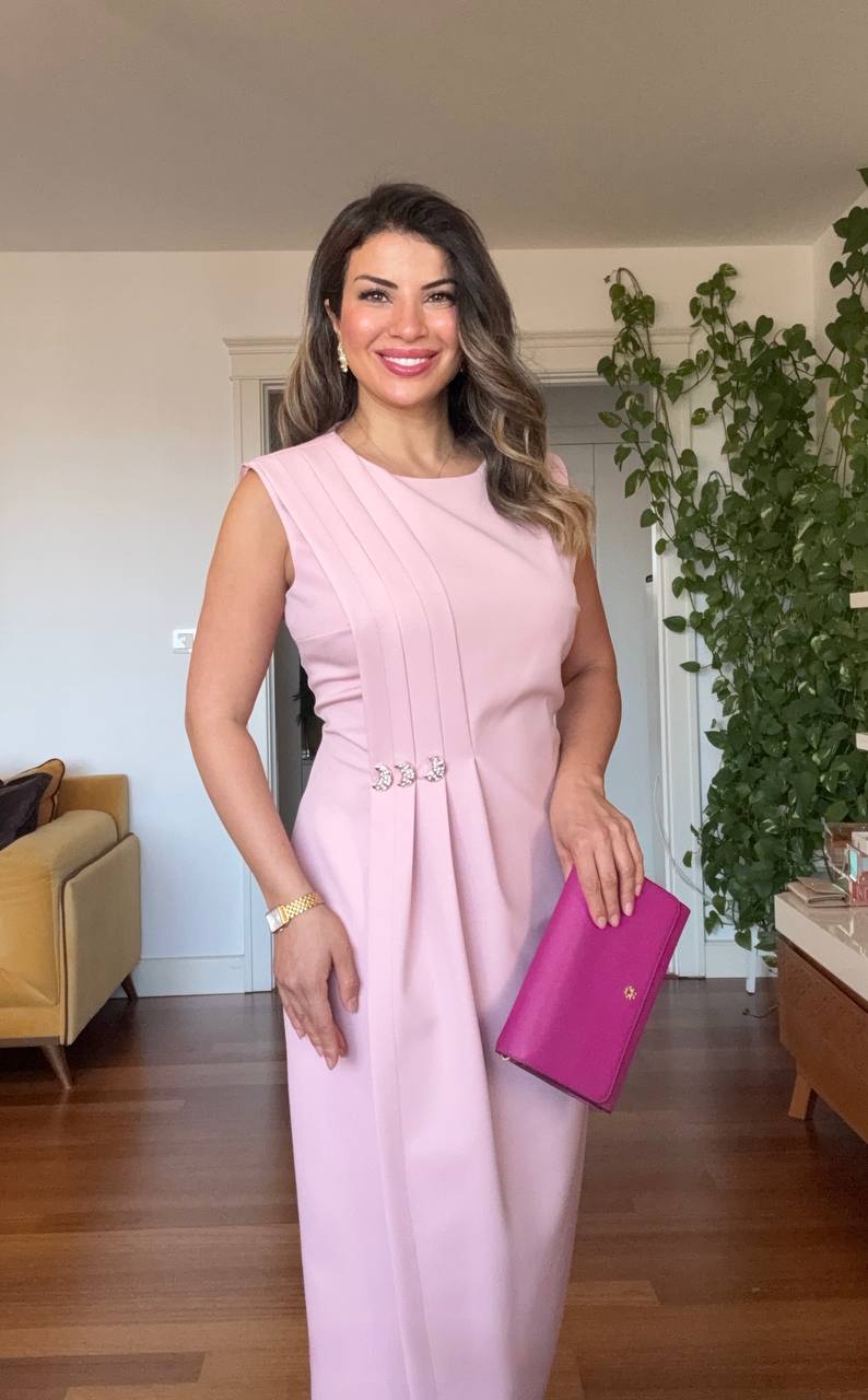 VATKA DETAYLI PILELI MIDI ELBISE - TOZ PEMBE