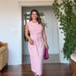 VATKA DETAYLI PILELI MIDI ELBISE - TOZ PEMBE