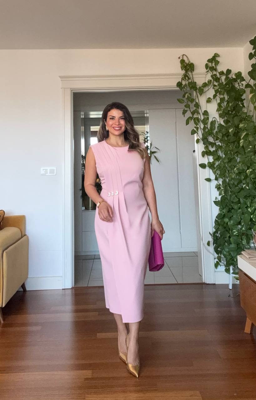 VATKA DETAYLI PILELI MIDI ELBISE - TOZ PEMBE